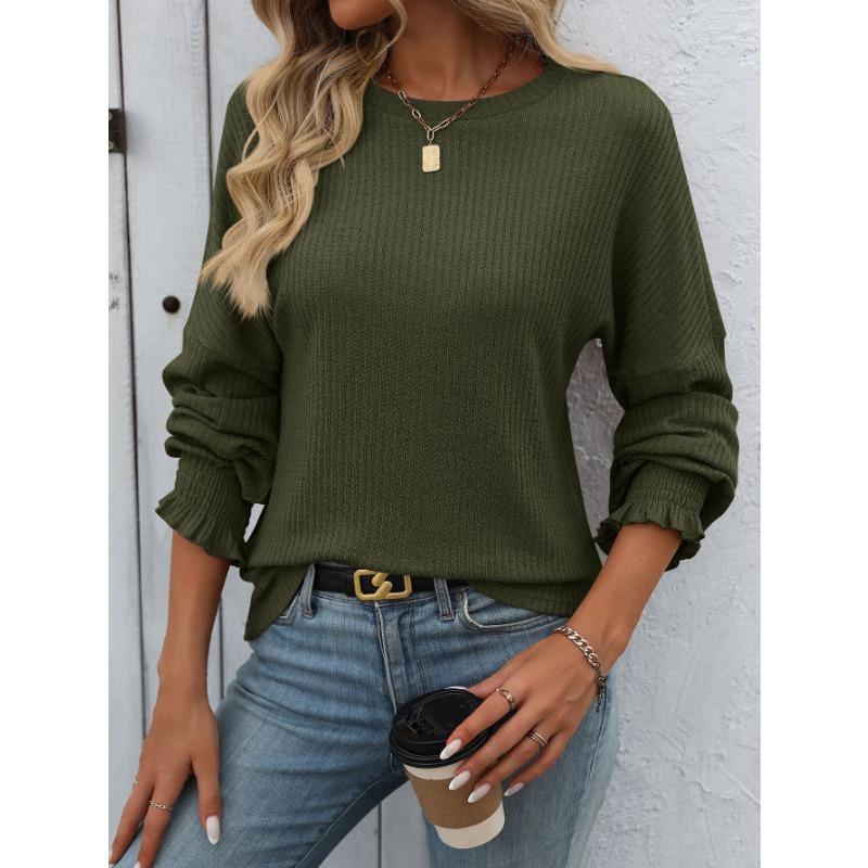 Spring Autumn Round Neck Solid Color Ruffles Tee Women Long Sleeve Loose Casual Pullover Tee Bottomed Top