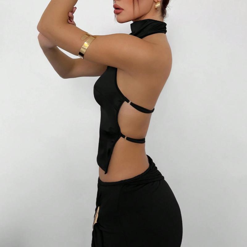 European and American Sexy Backless Hanging Neck Slim Fit Solid Color Off Shoulder Vest