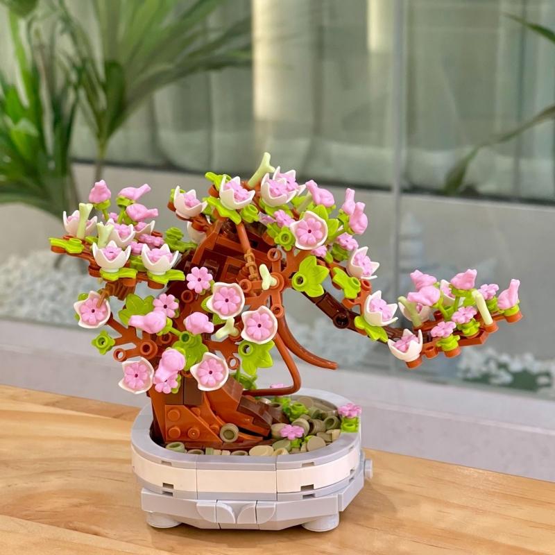 462 KLOCKI Budowlane Bonsai Kwiat Kreatywna Roślina Drzewo Wiśniowe Bukiet w Doniczce DIY Dekoracja Domu Prezenty Zabawki Boże Narodzenie