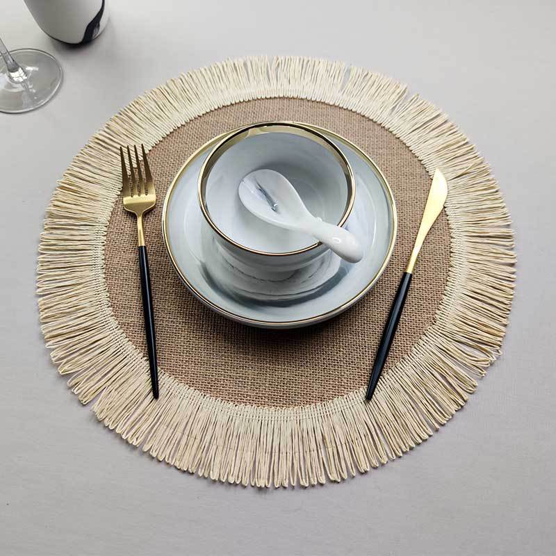 1PC Round Braided Placemat Fringe Paper Table Mats Hand Woven Non-slip Insulation Place Mat Tea Cup Pad Dining Table Decorations 38cm
