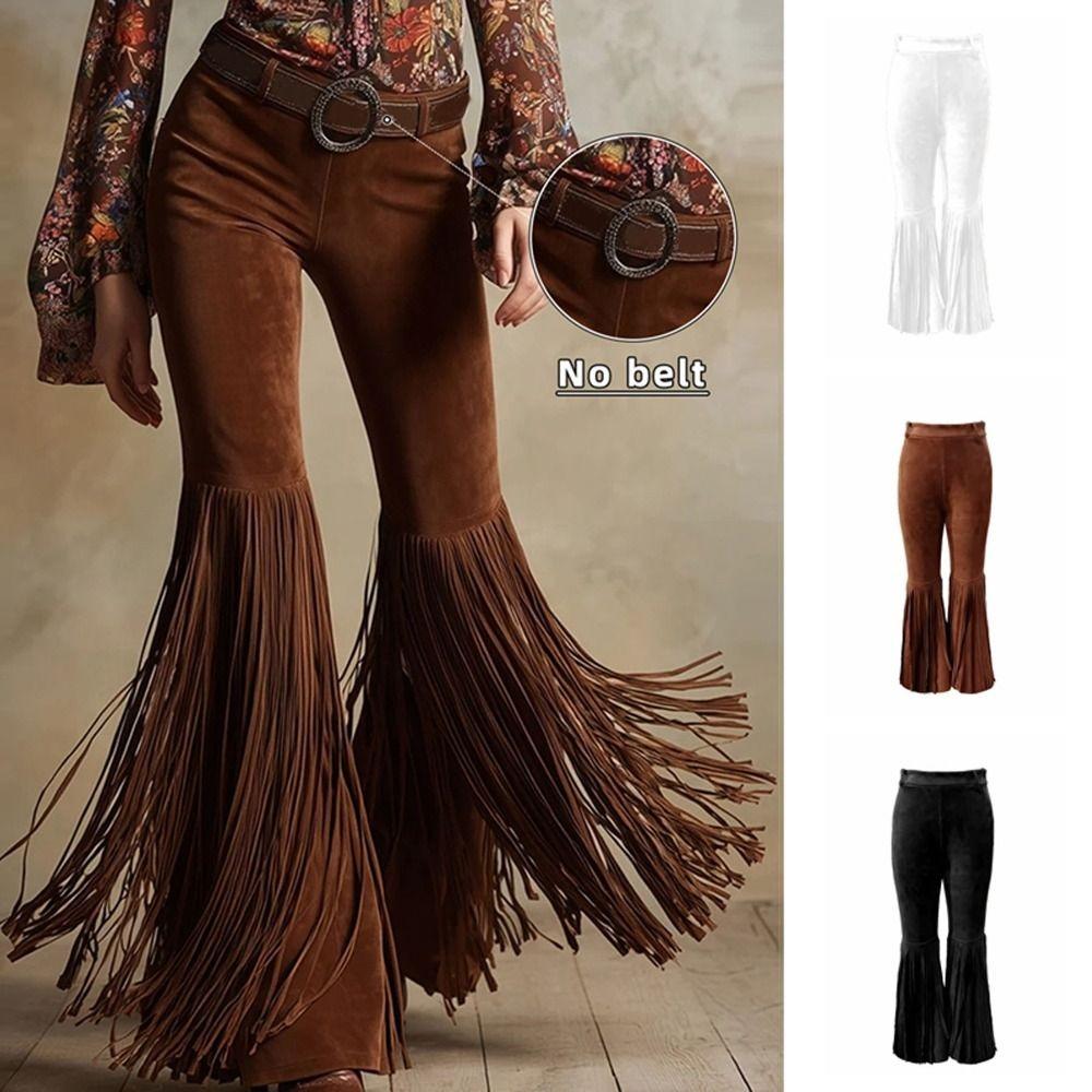 Solid Color Suede Tassel Pants Fringe Hem Slim Fit Flare Pants Retro High Waist Trousers  Party