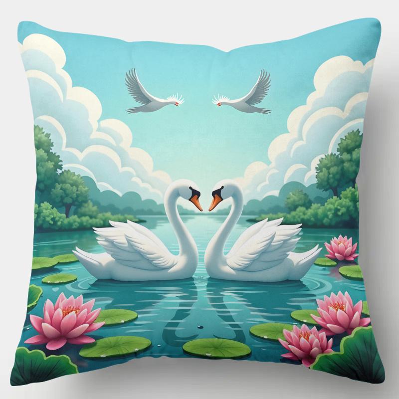 pc D Flat (Pillow Not Included) Romantic Swans Lotus Pond Love Cushion Cover Short Plush Wedding Decor Throw Pillow Case