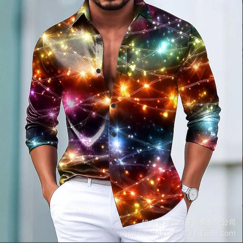 Galaxy Print Long Sleeve Shirt, Stylish Men's Button-Down Shirt for Trendy Casual Wear