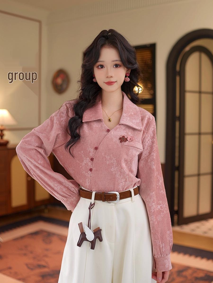 Women s Retro Irregular Long Sleeve Shirt Top for Autumn/Winter Large розовый