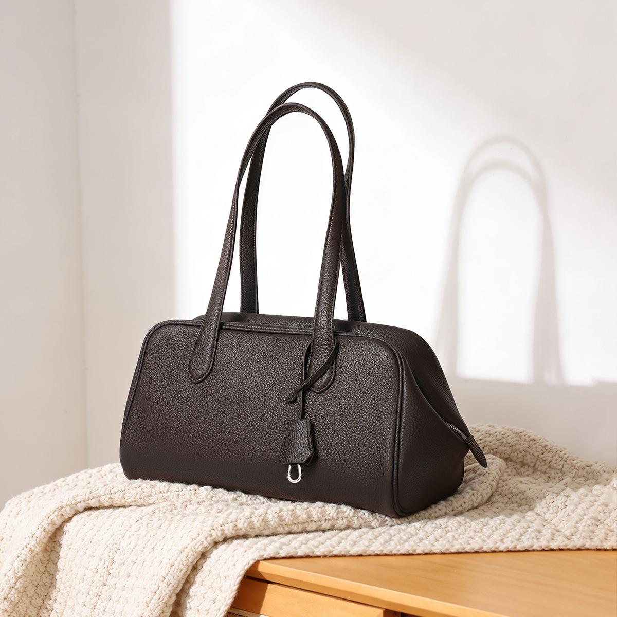 

Classic Trendy Coffee Black Color Long Handle Tote Bag for Women Soft 100% First Layer Cow Leather Female Armpit Shoulder Bag кофейный