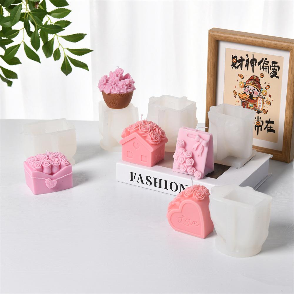 DIY Love Rose House Candle Mold 3D Gift Box Flower Pot Aromatherapy Soap Silicone Candle Making Tool Valentine's Day Decoration