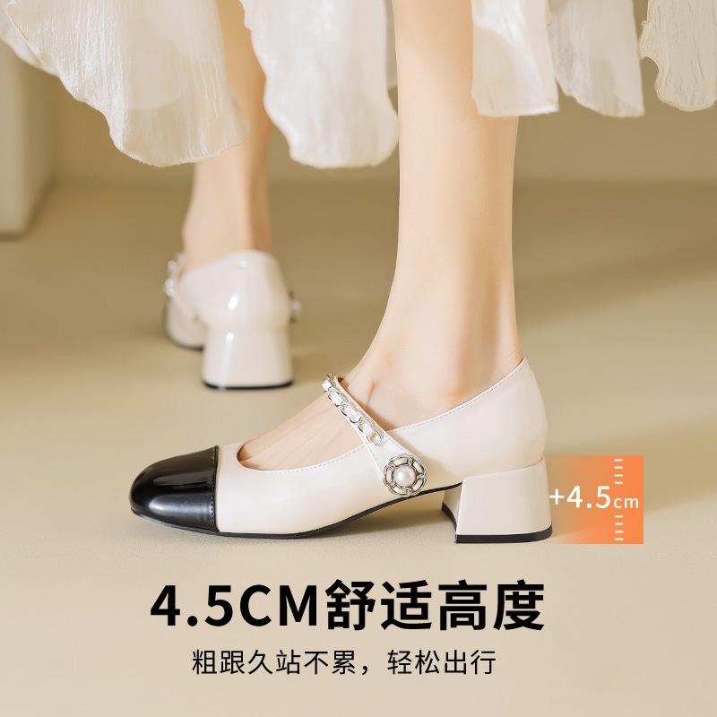 Augustine Mary Jane Women's Shoes 2025 New Summer Thick Heel with Skirt French Fairy Style High Heel Small Leather Shoes