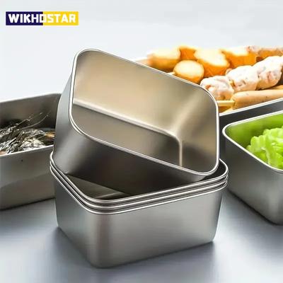 1/4Pcs Stainless Steel Rectangular Food Storage Pan With Lid Thickened Square Plate Dish Tray Freshing Lunch Box Container