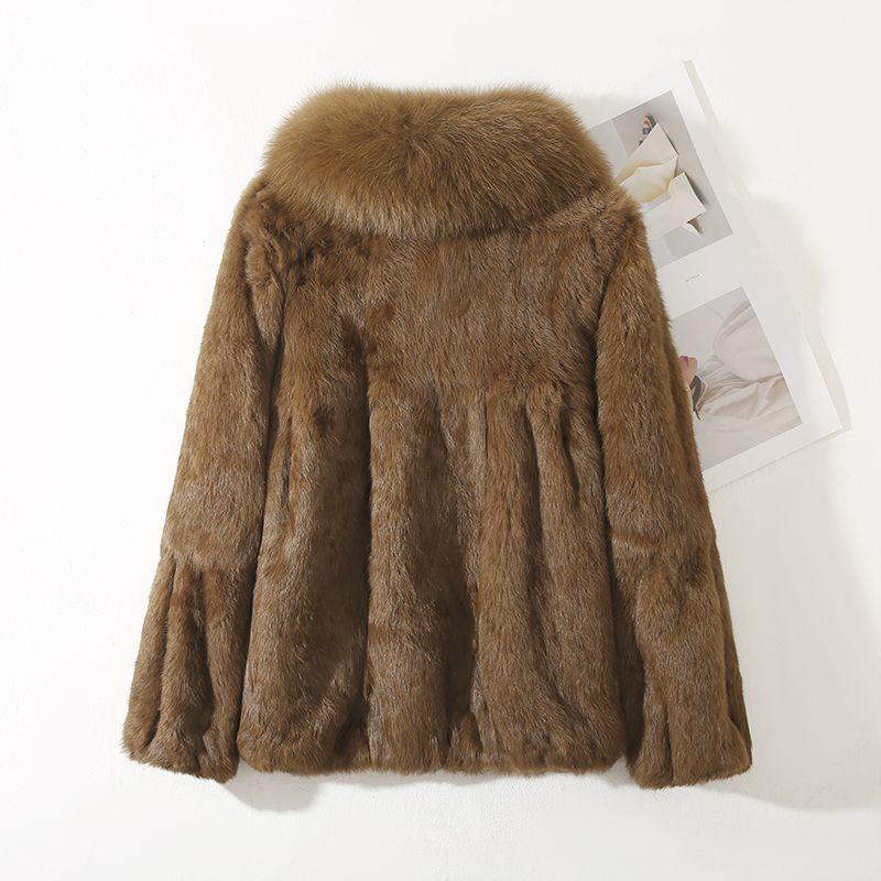 Trendy Winter Plus Size Short Faux Rabbit Fur Coat Faux Leather Fox Fur Collar Shearling Integrated Warm Outerwear