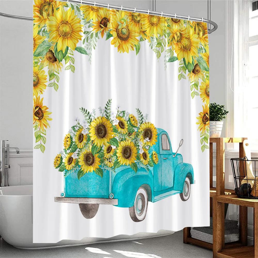 Sunflower Farmhouse Shower Curtain Countryside  Autumn FLowers Birds Butterfly Floral Bathroom Decor Polyester Bathtub Curtain