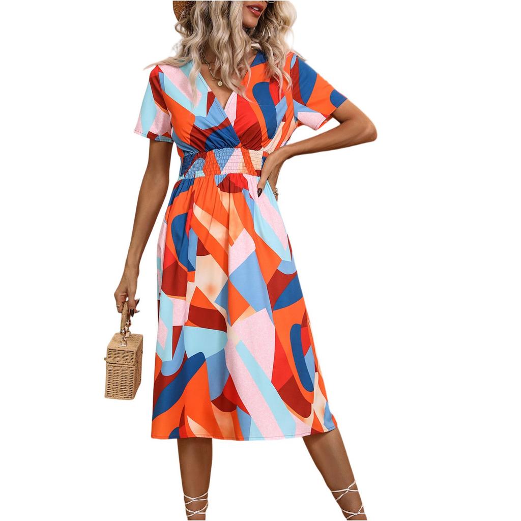 Damenkleider Lässig Klein Geblümt V-Ausschnitt Kurzarmkleider