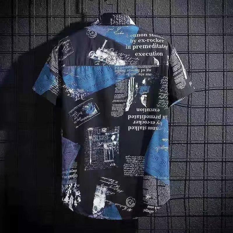 Summer  Men's Graffiti Print Shirt Loose Retro Half-Sleeved Shirt