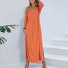 Women Dress V Neck Loose Solid Color Side Split Hem Three Quarter Pleated Sleeve Knitted Soft Casual Soft Breathable Ankle Length Maxi Dress
