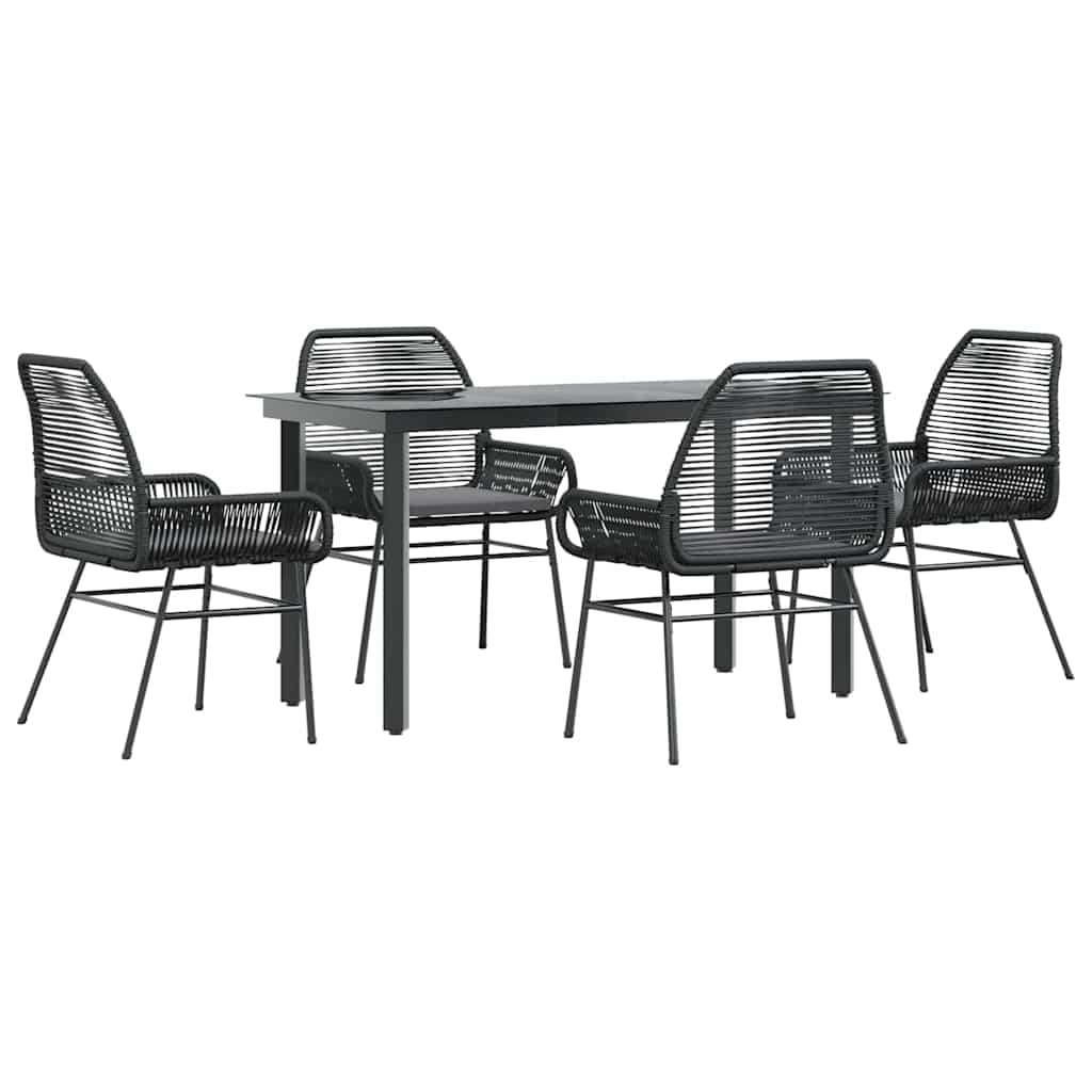 5 Piece Outdoor Dining Set with Cushions Black Poly Rattan Glass Table