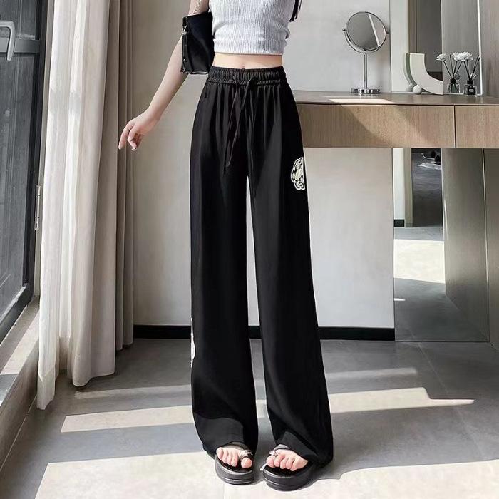 

Новые вышитые широкие брюки в китайском стиле для женщин на лето, тонкие, с высокой талией, из ледяного шелка, узкие, прямые, повседневные брюки для женщин S