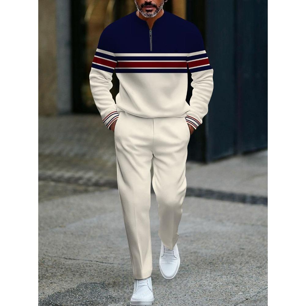 Spring Autumn 3D Printed Fashion Cool Men's Long-Sleeved Sets Half-Zipper Stand-Up Collar Men's Casual Sportswear Two-Piece Set