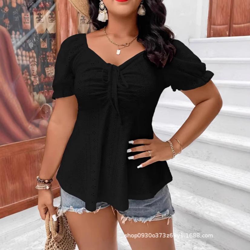 New European and American V-neck drawstring waist sexy short-sleeved solid color women's T-shirt in summer