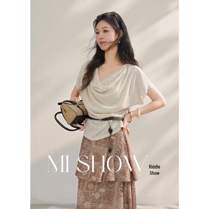 French Relaxed Cowl Neck Batwing Short Sleeve Knit Top L