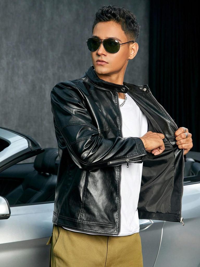 Seek4Man Zippered PU leather jacket with high collar