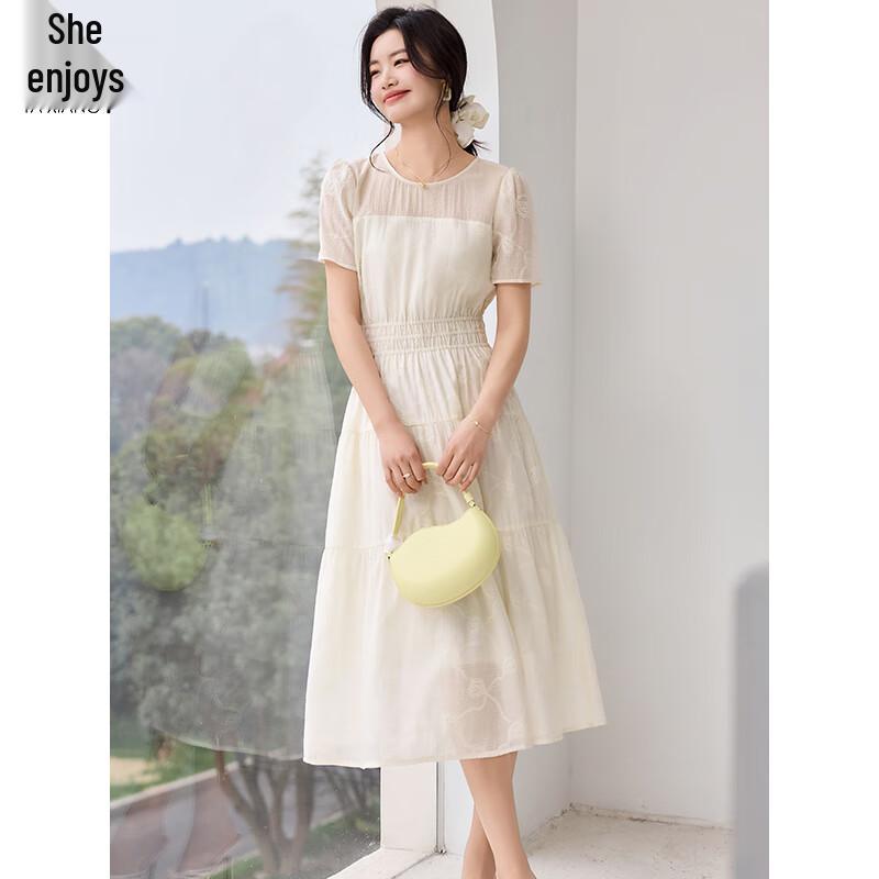 Women's Short Sleeve White A-Line Chiffon Midi Dress