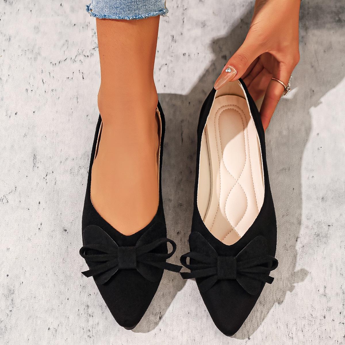 

Women s Solid Color Large Size Slip-on Pointed Toe Bow Flat Shallow Mouth Comfortable Casual Shoes 35 чёрный