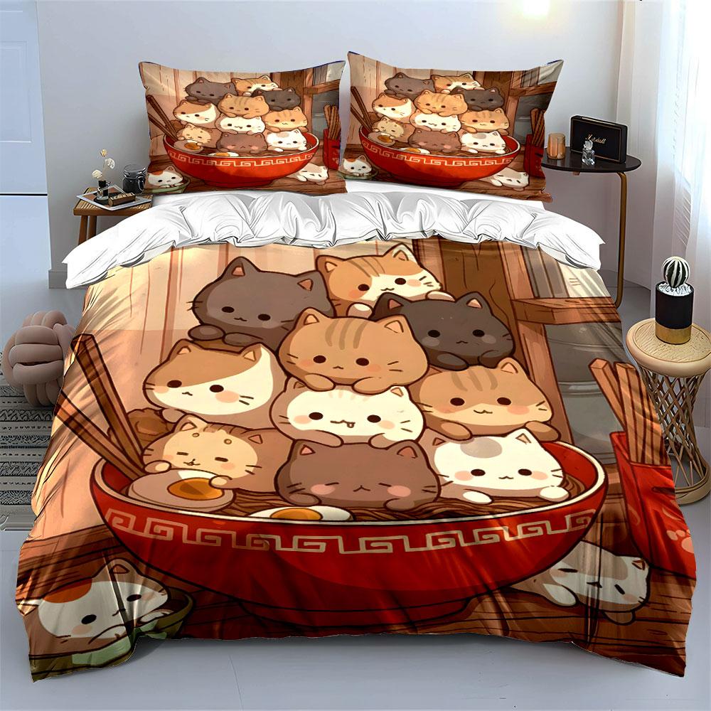 Cartoon Cat Decor Set Gift Soft Comfortable Duvet Cover Bedding Set Included 1*Duvet Cover & 2*Pillowcases, Gift