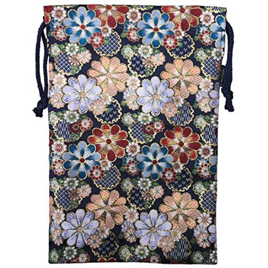 Senshishuin Nishijin Brocade Drawstring Bag Colorful Flowers in Full Large (Lined) - Bloom/Navy,