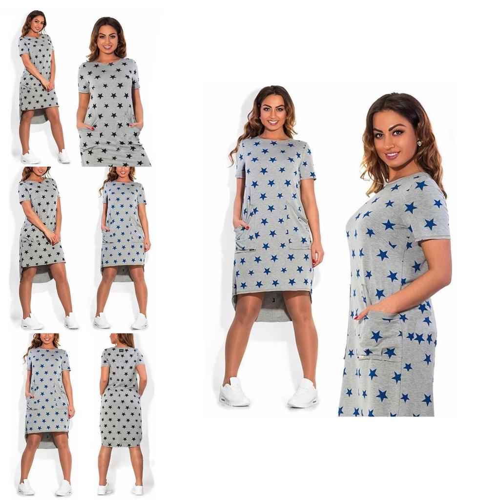 Summer Women Stars Printed Clothing Loose Fit Knee-length Casual Dress In Cotton Blend
