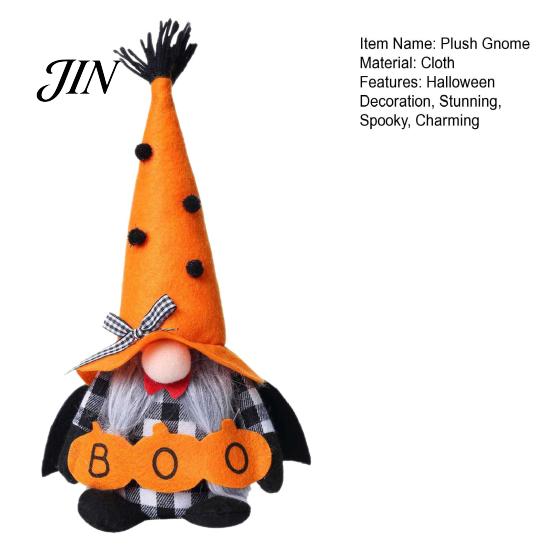 Decorative Gnome Toys Halloween Plush Decoration, Spooky Orange Black Boo Pumpkin Swedish Tomte Seasonal Table Accents Figurine, Elf Dwarf Ornaments