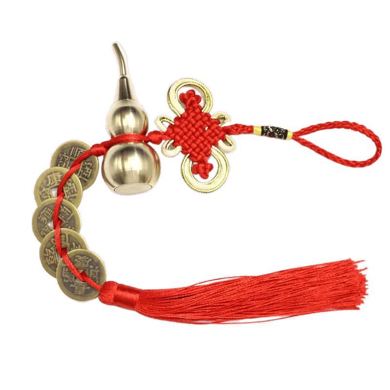 Copper Gourd Five Emperors Coins Chinese Knot Feng Shui Hanging Ornament for Car or Door.