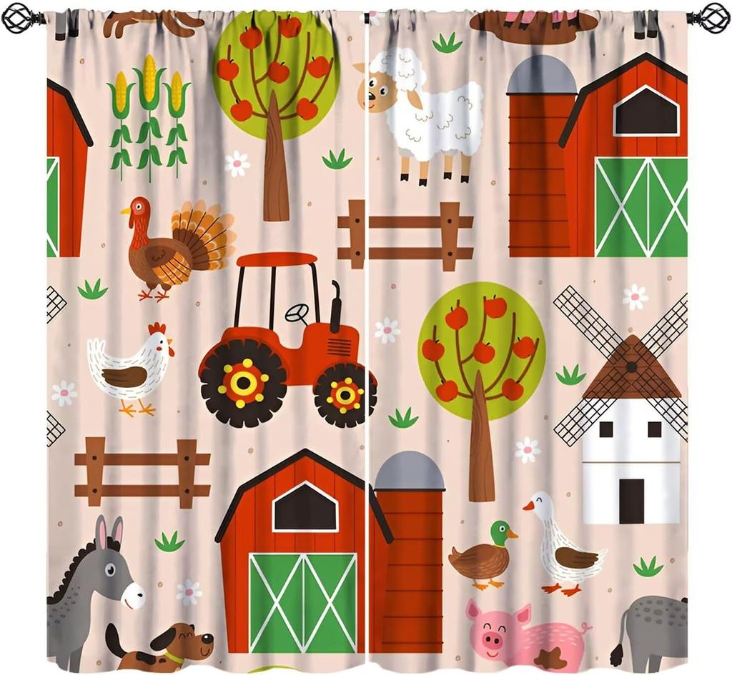Cartoon Farmhouse Curta, Farm Truck Tractor Cute Animals Horse Cow Cat Dog Autumn Sunflower Windmill Print Window Treatments