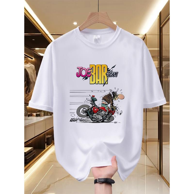 European Size Men'S Graphic T-Shirt - Bold Cartoon Motorcycle Design, Adventure Style, Soft And Breathable, Eye-Catching Print, Crew Neck