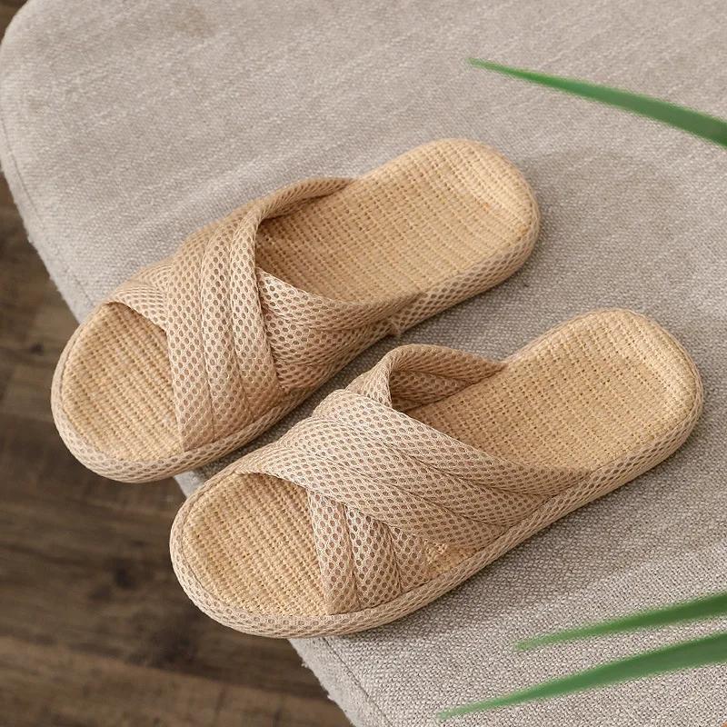 Fashion Women Home Floor Flax Slippers 2025 Spring Summer Shoes Breathable Fabric Anti-slip Couples Indoor Linen Slides House Footwear