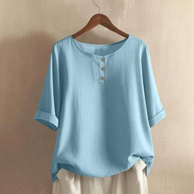 Dames O-hals Blouse met Driekwartmouwen Losse Pasvorm Casual Katoen Linnen Top Effen Kleur Knopen Henley Top