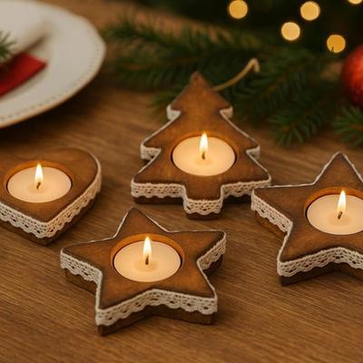 Pack mit 4 hölzernen Weihnachtskerzenständern 10 cm – Festliche Tischdekorationen, Zufällige Formen, Natürliches Tafelzentrum