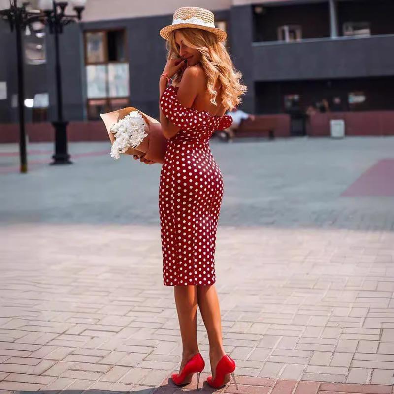 Women's Summer Sweetheart Strapless Polka Dot Line Shoulder Tight Bag Hip Sexy Side Slit Dress
