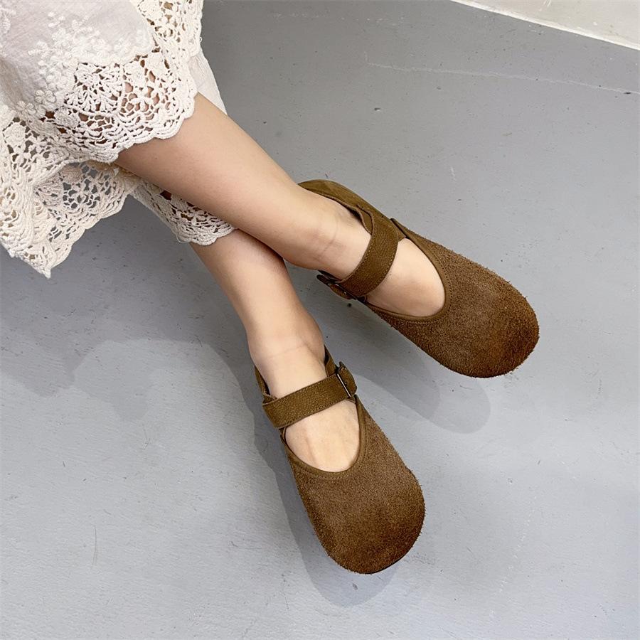 Johnature Retro Yumuşak İnek Derisi Tokalı Sığ Babetler Çok Yönlü Yuvarlak Burunlu Yumuşak Tabanlı Kadın Ayakkabıları