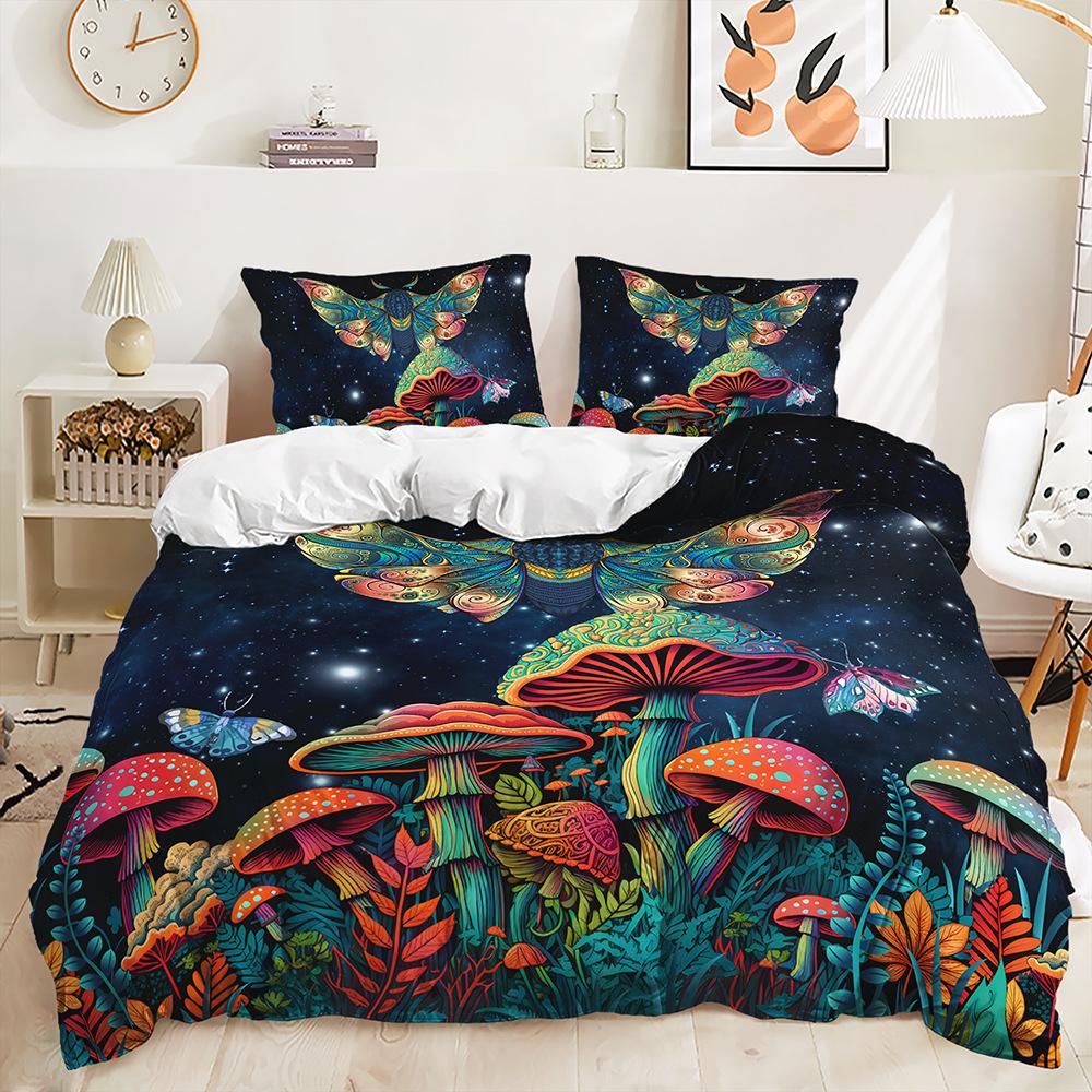 3D Magic Mushroom Series Bedding Set Forest Plant Duvet Cover Pillow Case 2/3 Pieces AU180 * 210 Full Size Quick Drying Zipper Soft Home Textile
