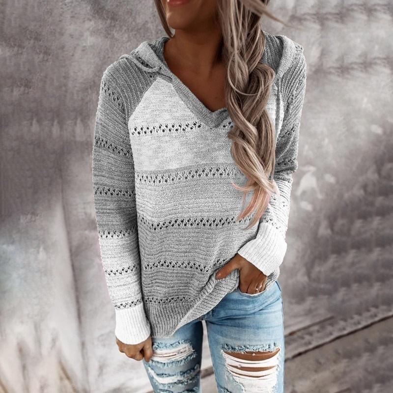 2026 Autumn Winter Women's Hooded Knit Sweater, Oversized Drop Shoulder Casual Pullover with Soft Yarn, Urban Street Style Top for Lounge Wear