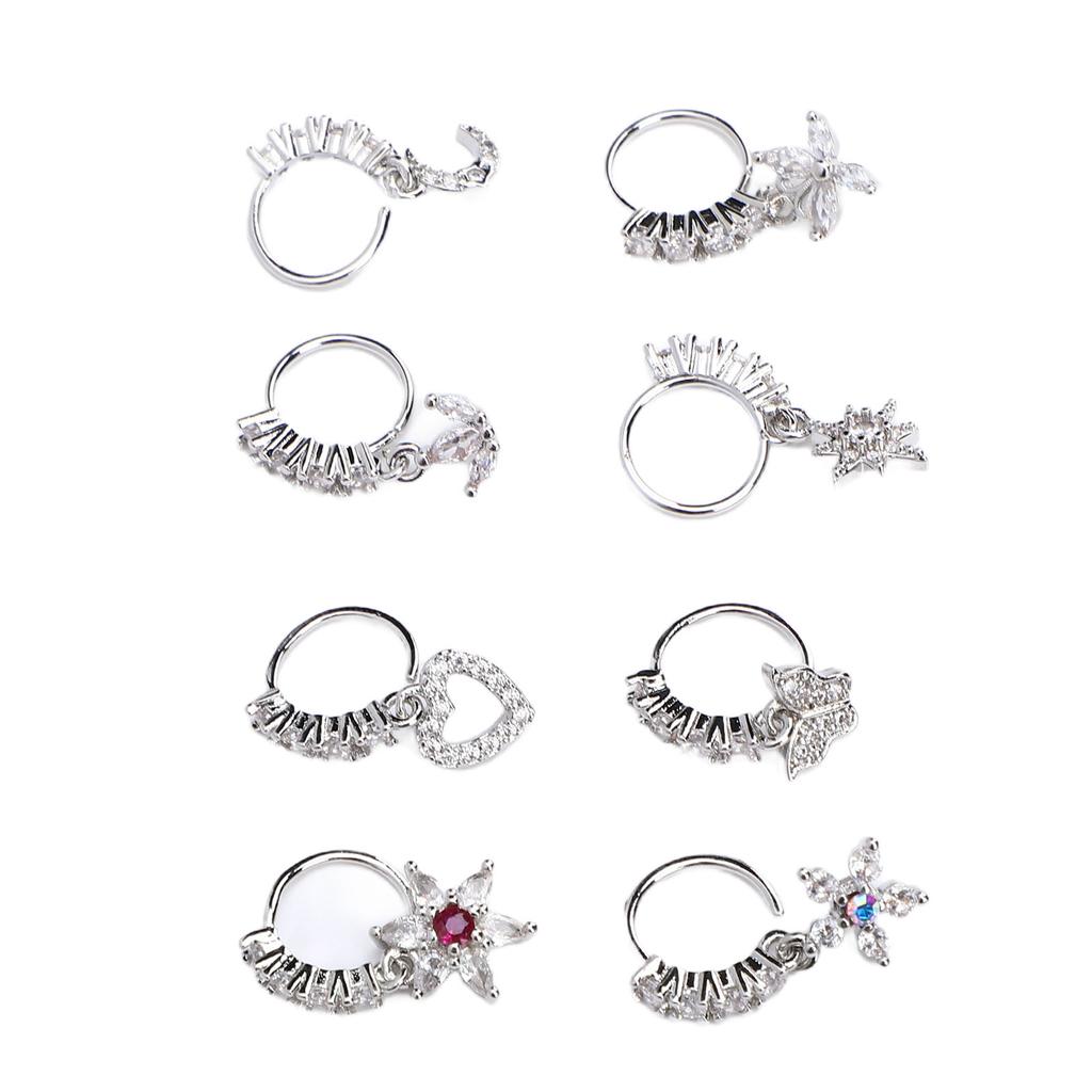 8pcs Hanging Nose Ring Flower Star Heart Pendant Dangle Nose Ring Fashion Jewelry for Women Silver Inner Diameter 8mm