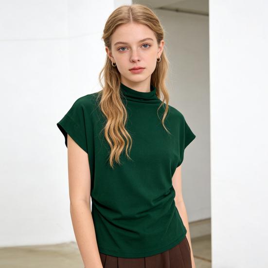 T-shirt da Donna Collo Alto Maniche a Pipistrello Corte con Arricciatura Laterale Pullover Colore Puro Ampio