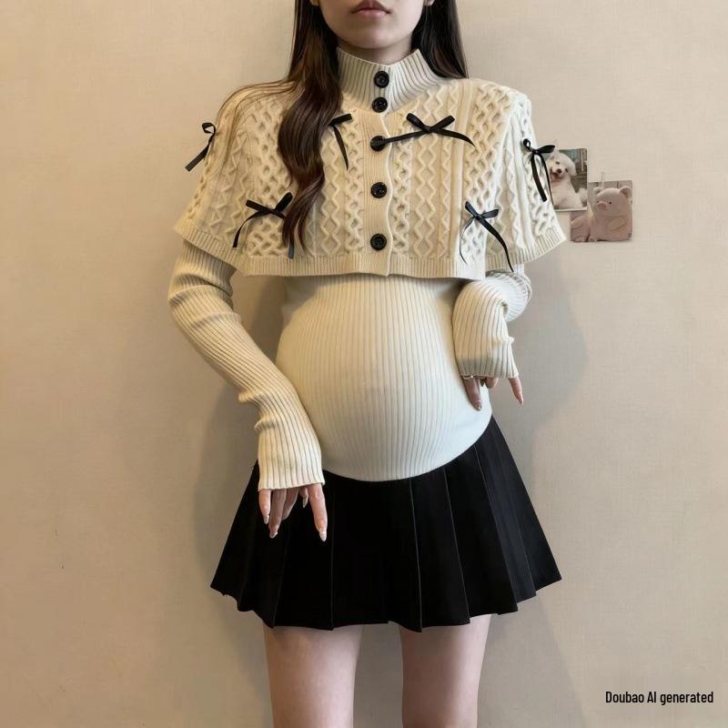New Temperament Maternity Cape Sweater & Skirt Set: Autumn/Winter Bow Style Large