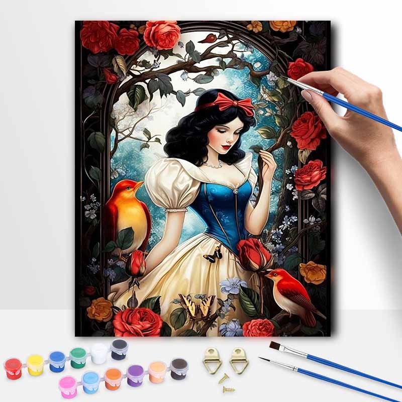 Disney Oil Painting DIY Digital Painting Snow White with Red Roses and Birds HandPainted Wall Art for Living Room Entryway.
