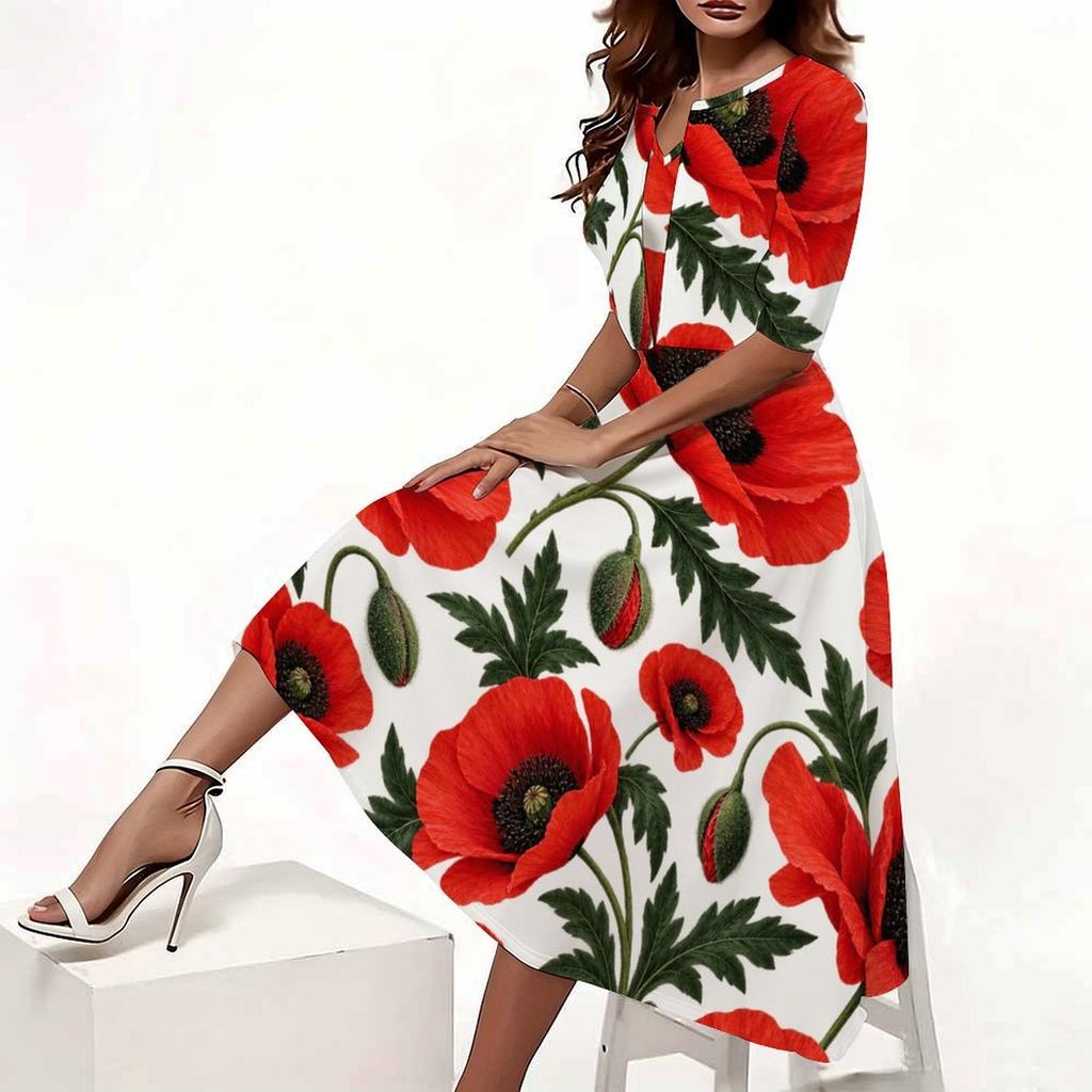 Women Plus Size Two Piece Dress Set V Neck Floral Printed Red Poppy White Midi Dress