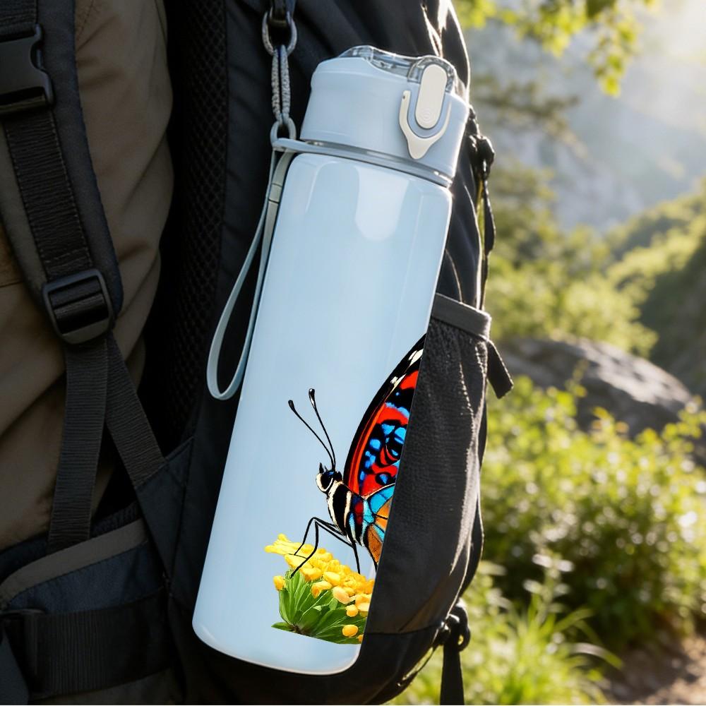 1PC Vivid Color Butterfly Pattern 750ml Color Plastic Sports Water Bottle Leakproof Flip Straw Lid Suitable for Sports Office Home Use