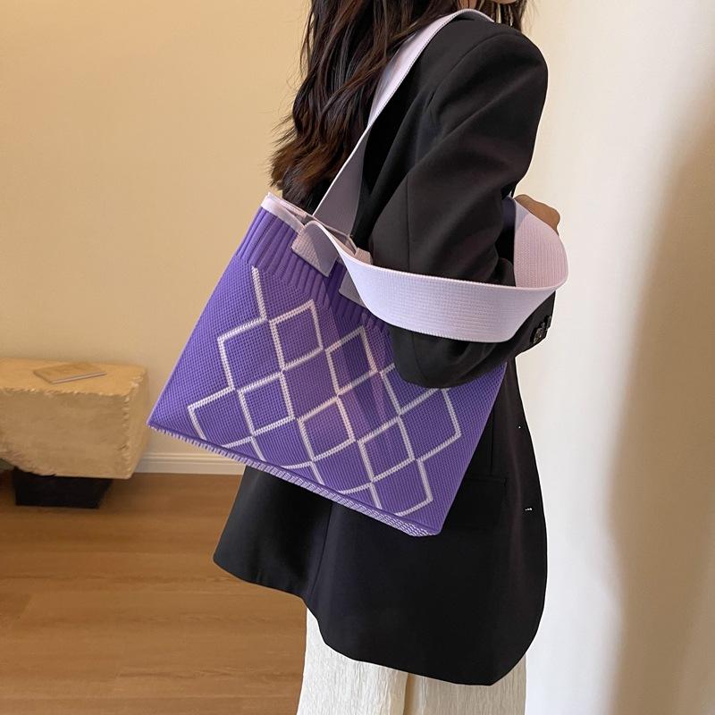 Candy Color Knitted Mobile Phe Tote Bag Rhombic Design Woven Small Shopper Handbag Shoulder Bag For Women
