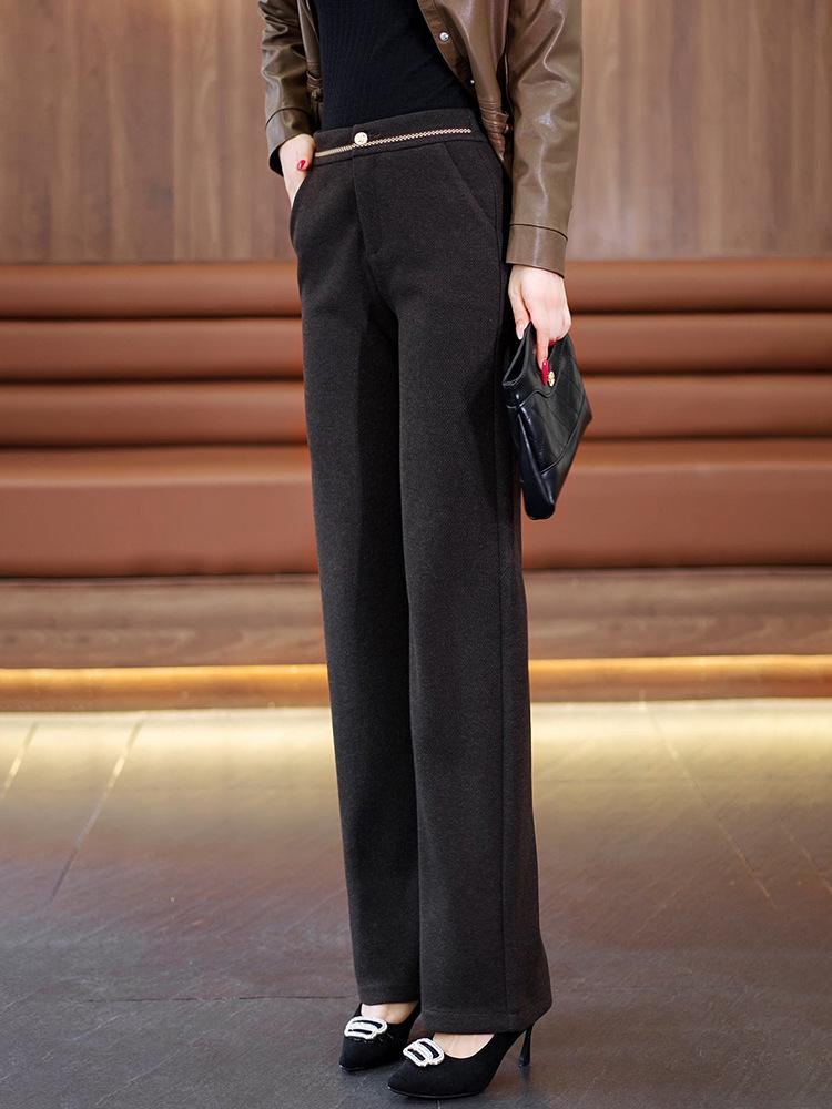 Pantalon Large Taille Haute en Laine Cachemire pour Femme - Automne/Hiver, Épais, Élégant, Polyvalent, Design Droit Décontracté.