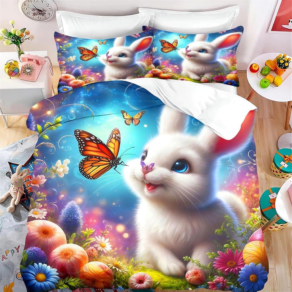 Cute Rabbit Bedding Set, Cartoon Bunny Duvet Cover for Kids Boys Girls, Rabbit Bedding Set Girl 2Pcs Comforter Cover Set