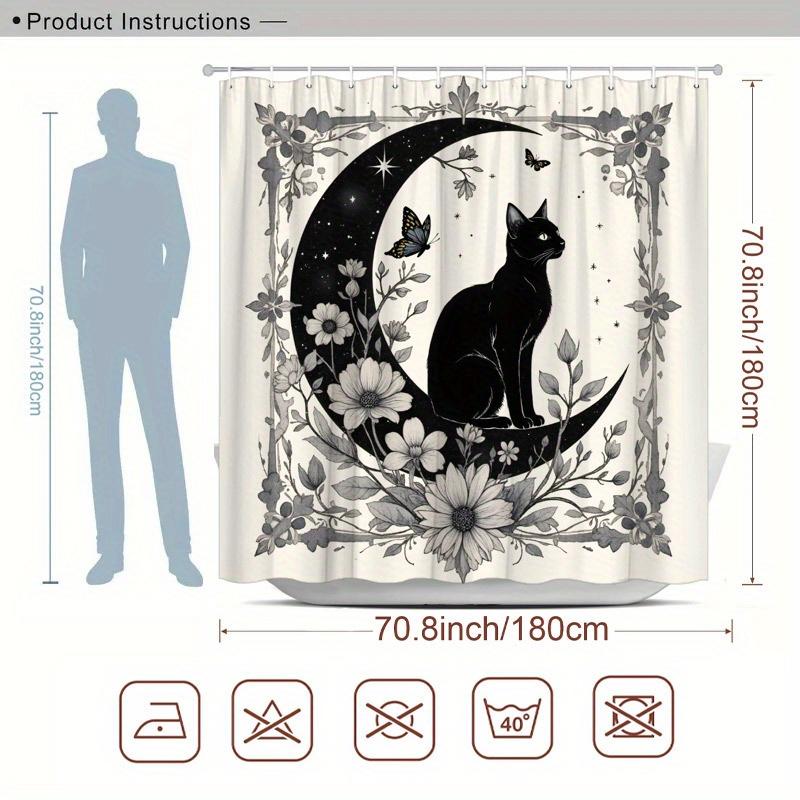 Mystical Black Cat on Crescent Moon Shower Curtain - Water-Resistant Fabric for Bathroom - Ideal for Gothic