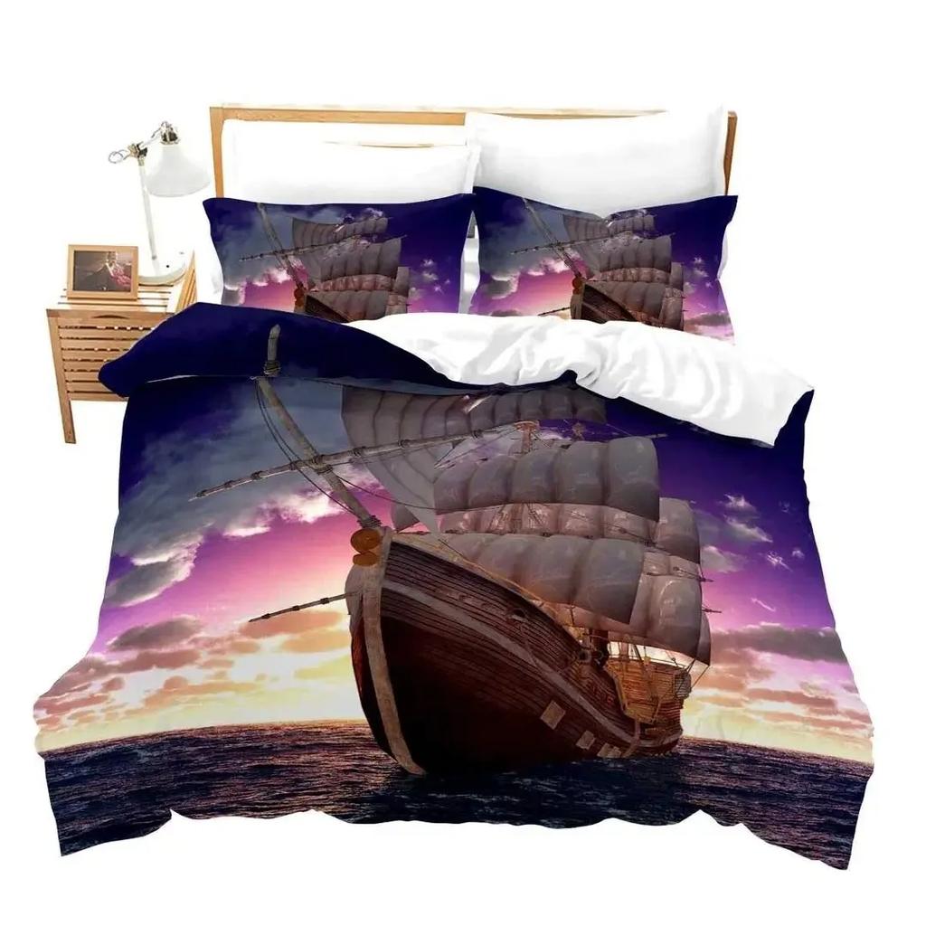 Pirate Duvet Cover Set Queen Sailboat Comforter Set Nautical Ocean Bedding Set Cool Style Quilt Cover Wave Print Decor Bedspread